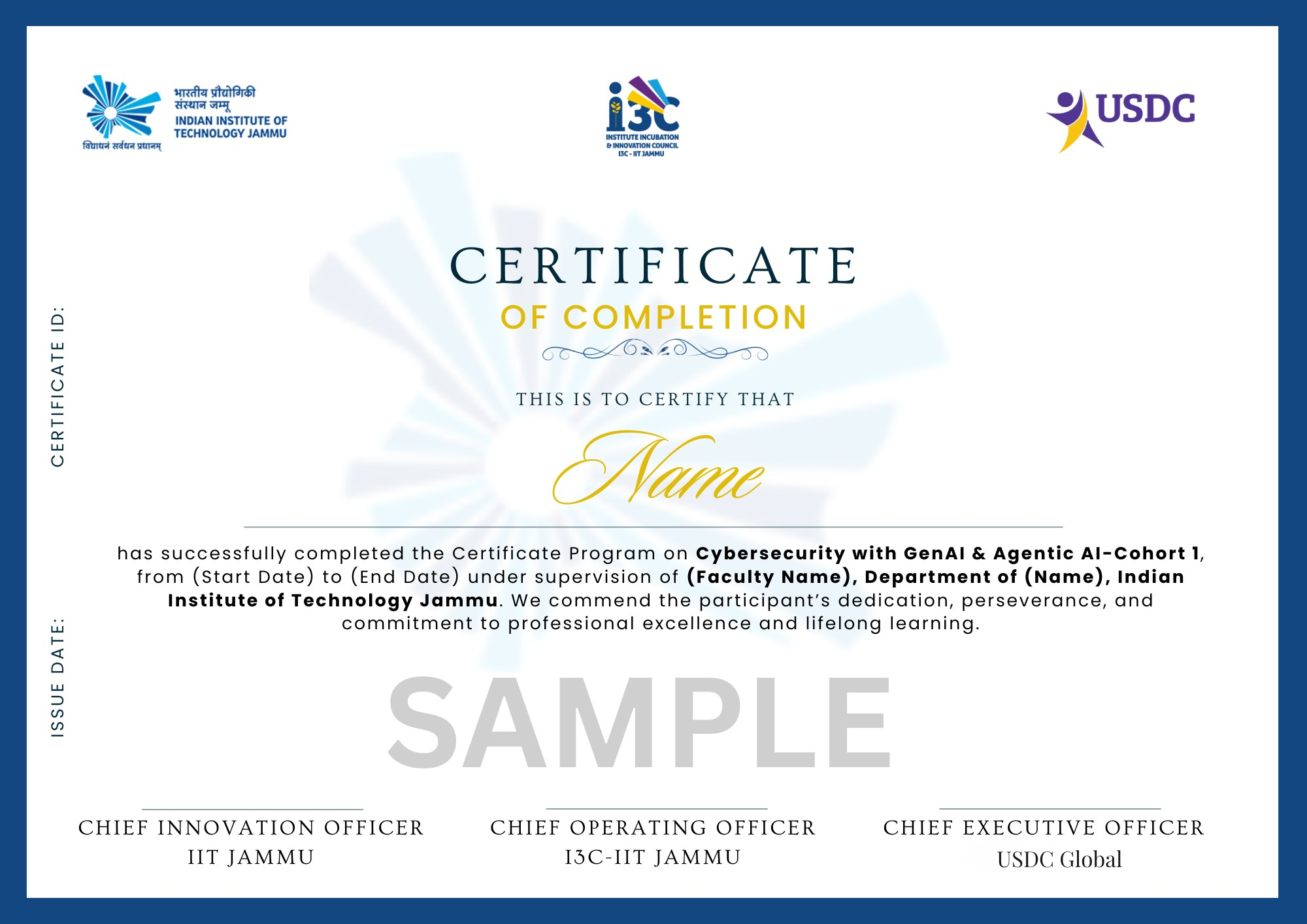 IIT Jammu Certificate of Completion — Cybersecurity with GenAI & Agentic AI (sample specimen)